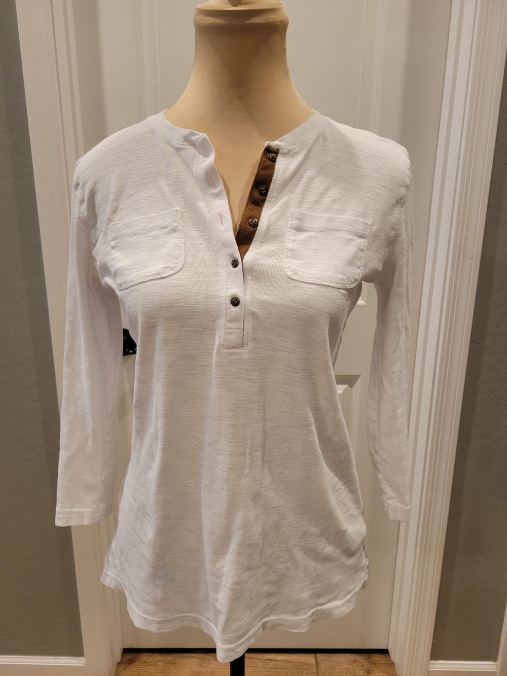 Chaps White 3/4-Sleeve Henley with Brown Button Placket